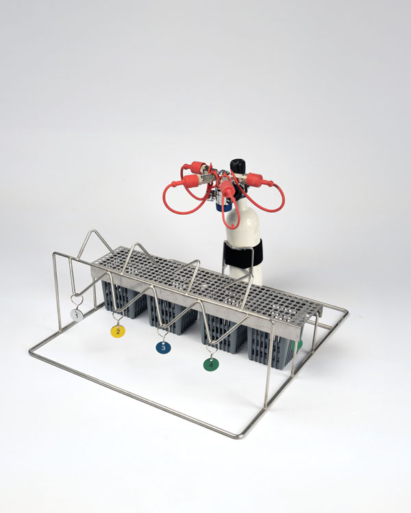 Support de valves respiratoires avec cadre métallique, quatre emplacements étiquetés, tuyau rouge et fixation cylindrique blanche.