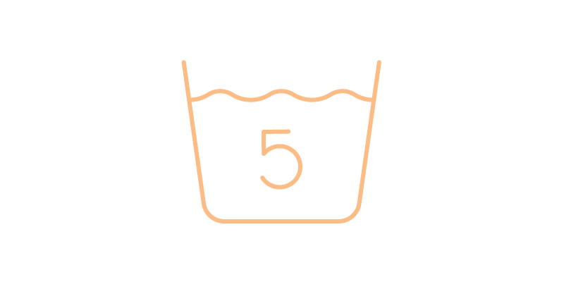 Orange wash tub with wavy water lines, number 5 inside, on a transparent background.