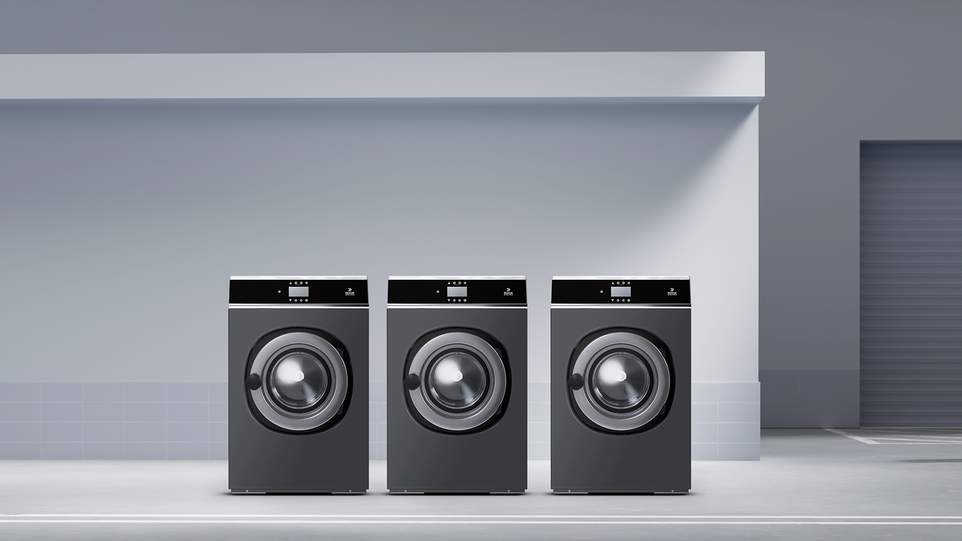 Three black SCBA washing machines with digital panels, Rescue Intellitech logos in the top left corners, in an industrial setting.