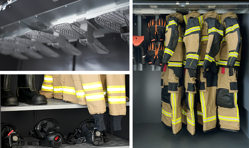 Drying cabinet DC20 and DC8 with turnout gear, boots, masks, and helmets