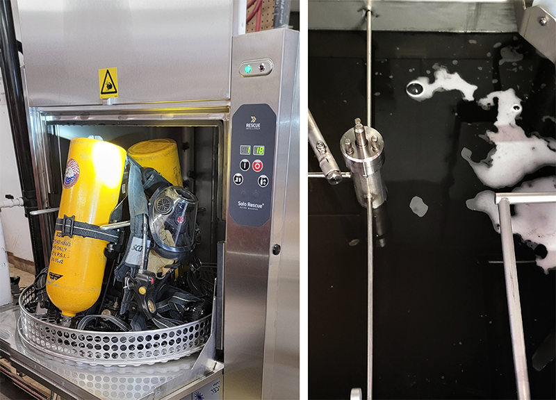 Washer with yellow air cylinders and mask on left; right shows soapy water and metal spray nozzles inside.