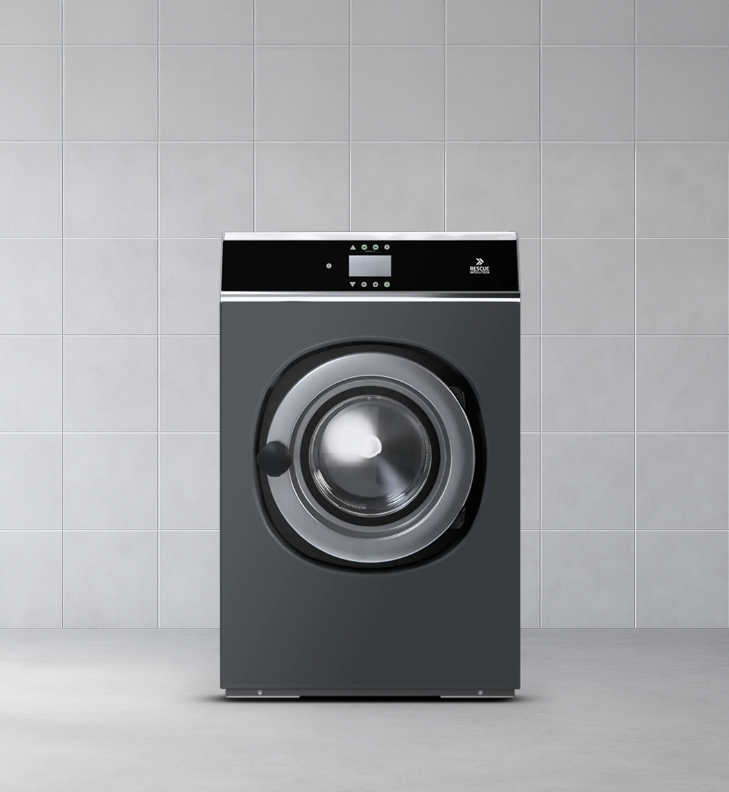 A modern front-loading washing machine with Rescue Intellitech logo.