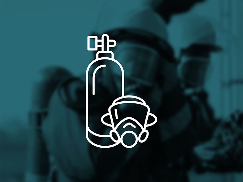 Icon of a pressurized air cylinder and facemask over blurred firefighters in protective gear.